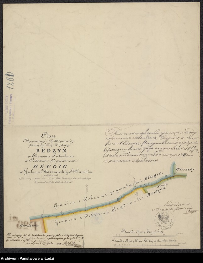 Obraz 1 z jednostki "Plan okopcowanej w roku 1858 granicy pomiędzy wsią rządową Redzyń w ekonomi Lubochnia a dobrami prywatnymi Długie ..."