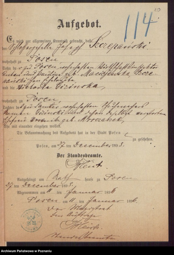 Obraz 12 z jednostki "Die von den Verlobten beigebrachten Urkunden zur Eheschliessung pro 1896"