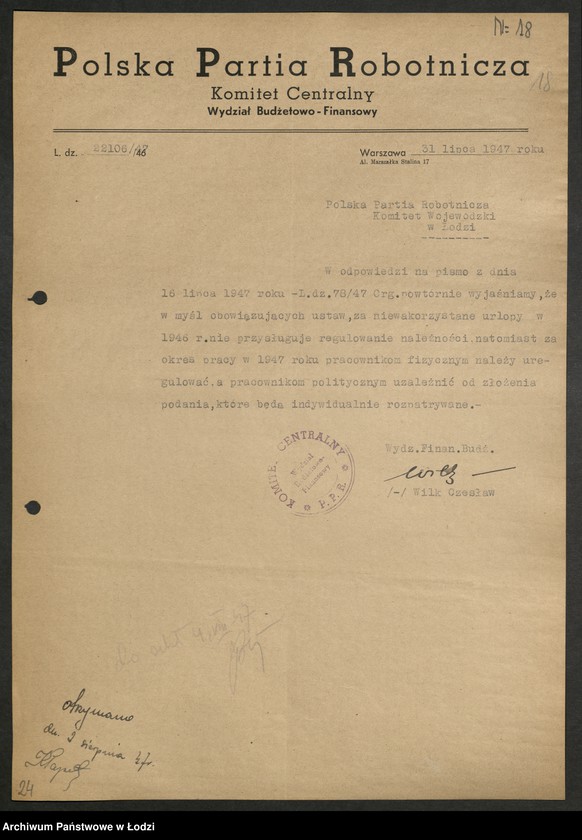 Obraz 19 z jednostki "Korespondencja z [Wydziałem Ogólnym, Budżetowo - Finansowym, Gospodarczym oraz Buchalterią] Komitetu Centralnego"