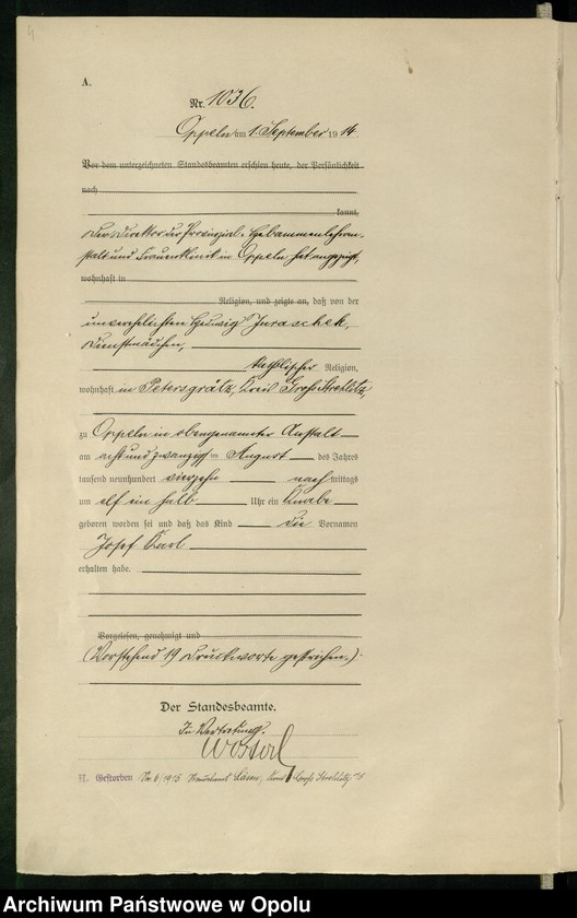 Obraz 8 z jednostki "Urząd Stanu Cywilnego Opole Księga Urodzeń Rok 1914 1034-1493"