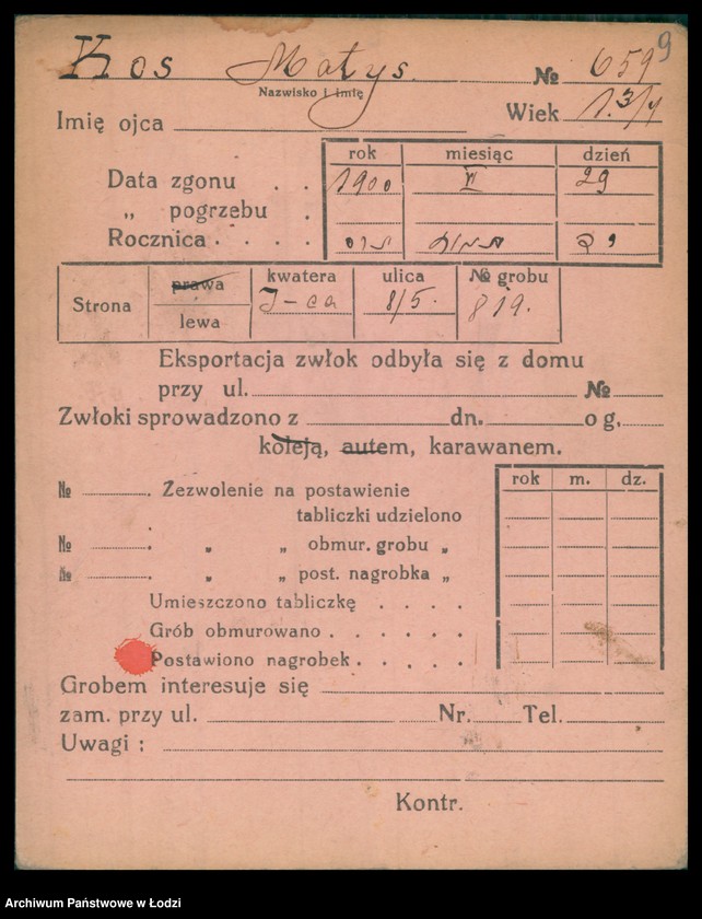 Obraz 10 z jednostki "Kartoteka osób pochowanych na cmentarzu żydowskim przy ulicy Brackiej w latach 1892-1959. Nazwiska na litery: Kos-Kra"