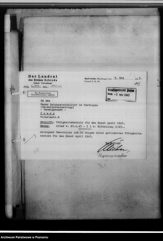 Obraz 17 z jednostki "[Korespondencja w sprawach organizacyjnych, sprawozdanie z działalności], Kreissippenamt Schroda [Środa]"