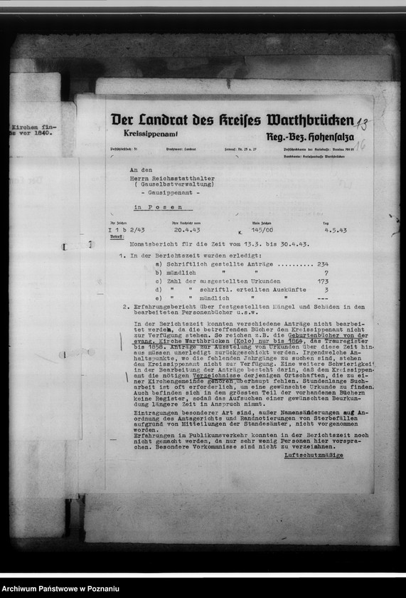 Obraz 20 z jednostki "[Korespondencja w sprawach organizacyjnych, sprawozdanie z działalności], Kreissippenamt Warthbrücken [Koło]"