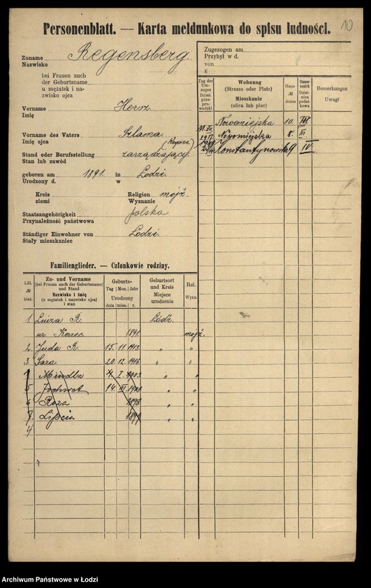 Obraz 12 z jednostki "[Spis ludności Łodzi] Regenbaum-Rentel"