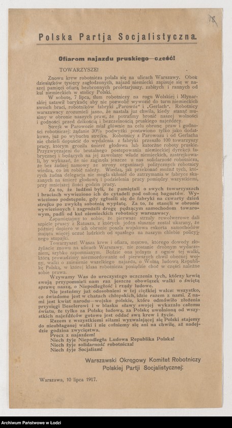 Obraz 1 z jednostki "[Odezwa wzywająca do uczczenia ofiar manifestacji w Warszawie]"