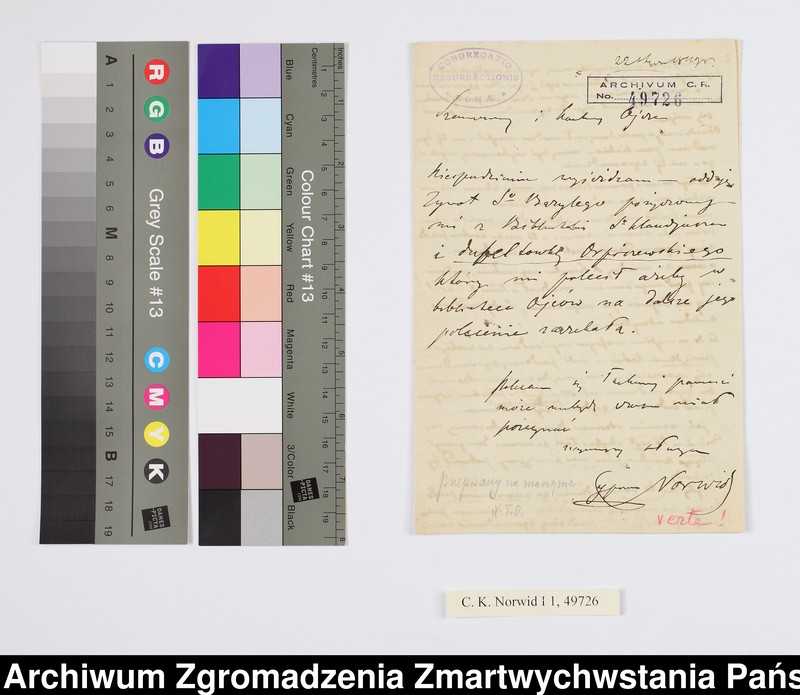 Obraz 1 z kolekcji "Listy Adama Mickiewicza i Cypriana Kamila Norwida z Archiwum Rzymskiego Zmartwychwstańców"