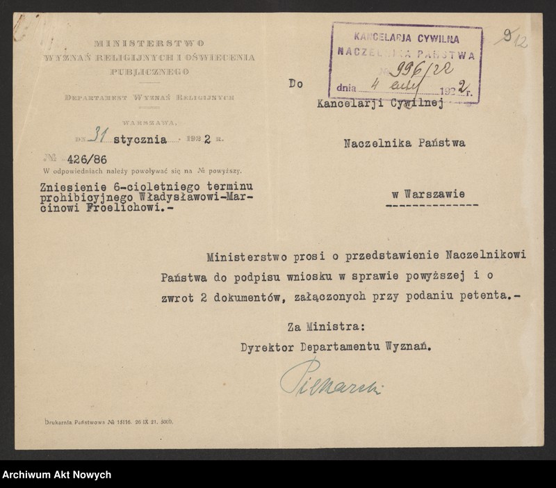 image.from.unit.number "Zniesienie wyroków Ewangelickich Sądów Konsystorskich: Augsburskiego i Reformowanego, o sześcioletnim terminie zakazu wstąpienia w ponowne związki małżeńskie oraz zakazu 10 miesięcznego.Reskrypty Naczelnika Państwa, wnioski, korespondencja z Min. Wyznań Religijnych i Oświecenia Publicznego"