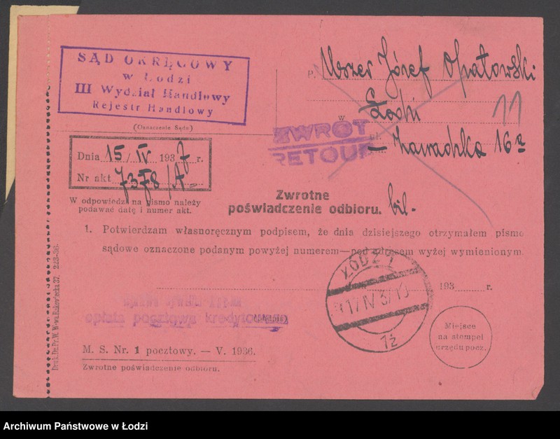 Obraz 13 z jednostki "Uszer- Józef Opatowski- drobna sprzedaż materiałów piśmiennych i galanterii"