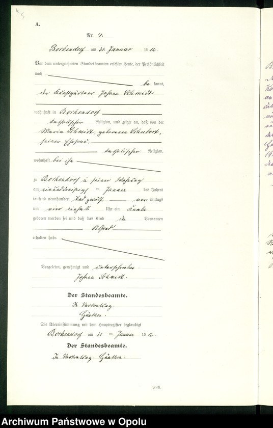 Obraz 9 z jednostki "Geburts-Register (Neben-Register) Standesamt Borkendorf 1912 No. 1 bis 73."