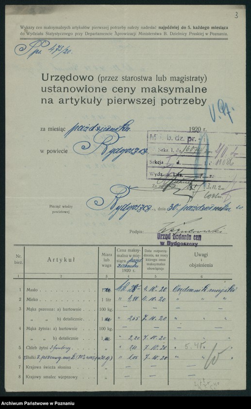 Obraz 5 z jednostki "[Wykazy urzędowo ustanowionych cen maksymalnych na artykuły pierwszej potrzeby na terenie Województwa Poznańskiego za miesiąc październik 1920 roku]"