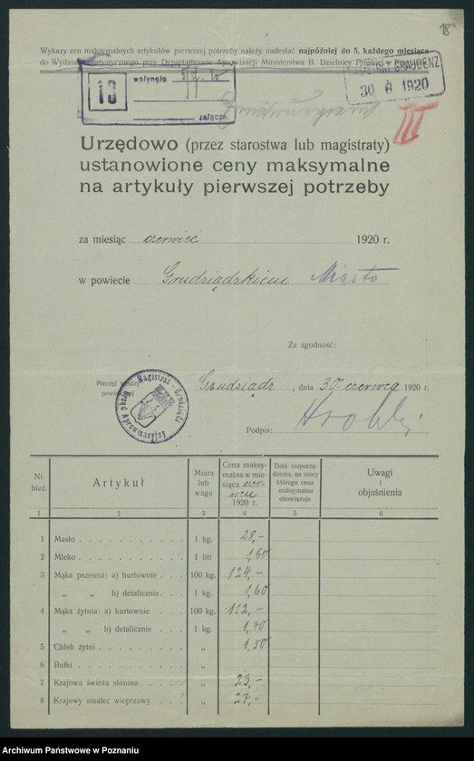 Obraz 19 z jednostki "[Wykazy cen maksymalnych artykułów spożywczych w poszczególnych miastach Województwa Pomorskiego za miesiące czerwiec i lipiec 1920 roku]"