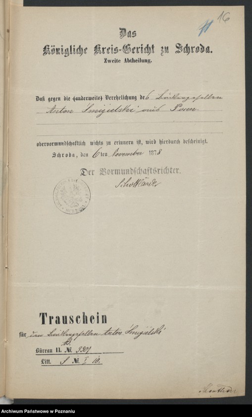 Obraz 18 z jednostki "Die von den Verlobten beigebrachten Urkunden zur Eheschliessung pro 1878"