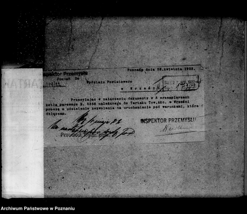 Obraz 7 z jednostki "1/ Tartak parowy we Wrześni- Towarzystwo Akcyjne Nr porządkowy kotła 11 /Młyn J. Hadyniaka w Tomicach powiat poznański"