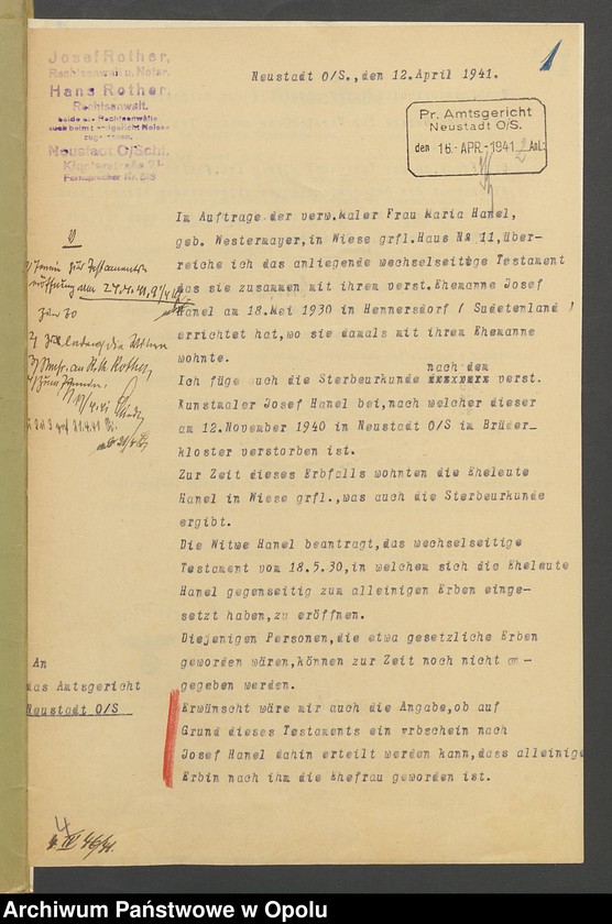 image.from.unit.number "Verfügung von Todes wegen des Kunstmalers Josef Hanel und seiner Ehefrau Maria geb.[orene] Westermayer in Wiese grfl zuletzt wohnhaft in Wiese grfl Haus No 11"
