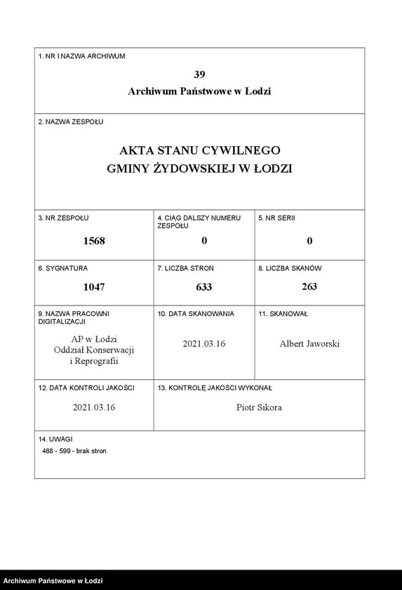 Obraz 1 z jednostki "Akta zgonów od numeru 999 do numeru 1969"