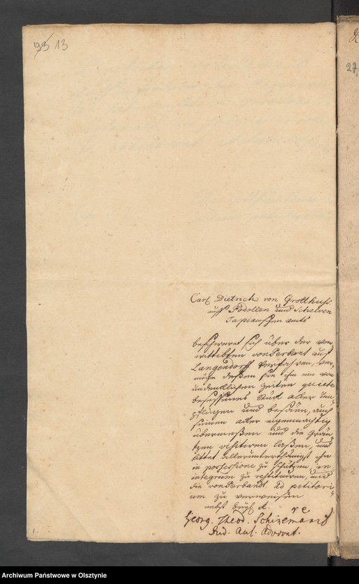 image.from.unit.number "In S. [Sachen] Carl Dieterich von Grothuß contra die verwittibte Tribunals=Vice=Praesidentin von Perbant wegen Umbpfügung und Besäung eines zu Podollen und Schalwen [Schallwen] gehörigen Stück Akers Garbnicken genannt"