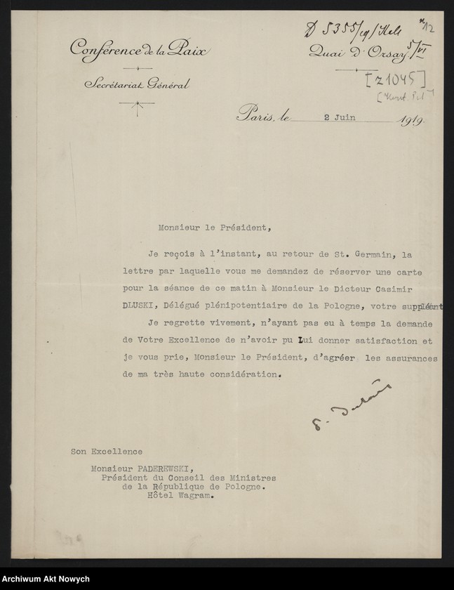 image.from.unit.number "Konferencja Pokojowa. Zawiadomienia o posiedzeniach i porządkach obrad, protokoły z posiedzeń. Korespondencja"