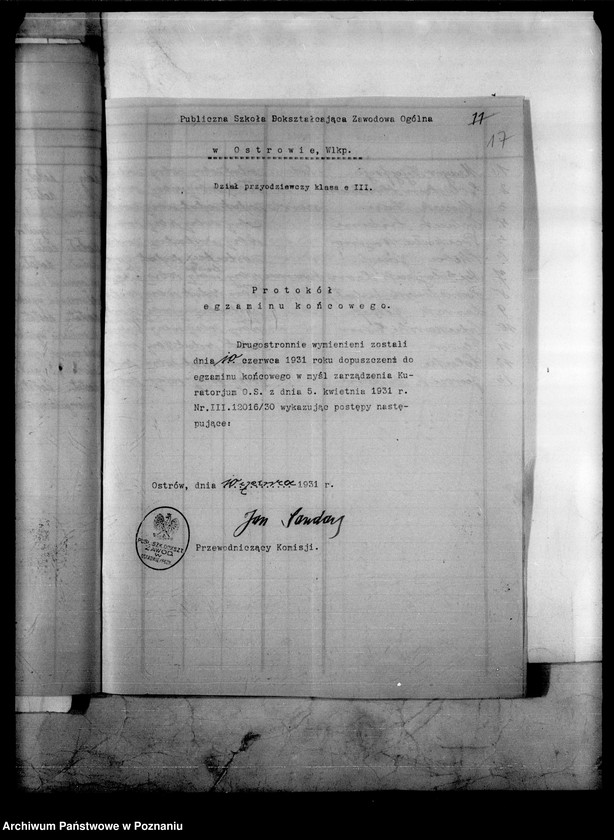 Obraz 20 z jednostki "Publiczna Szkoła Dokształcająca Zawodowa Ogólna- Ostrów Wielkopolski [protokoły z egzaminu końcowego]"