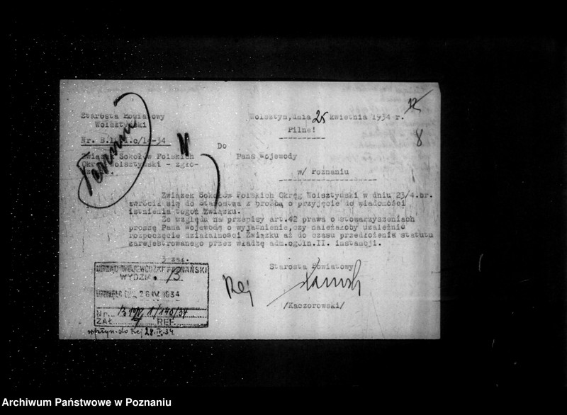 Obraz 12 z jednostki "/Związek Towarzystw Gimnastycznych Sokół w Polsce- sprawa rejestracji Dzielnicy w Poznaniu i zarządów okręgów/"