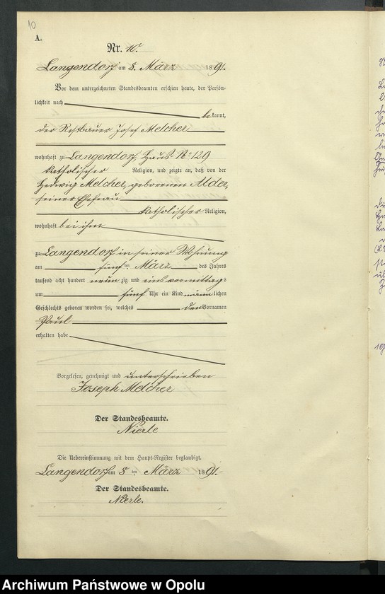 Obraz 14 z jednostki "Geburts-Neben-Register des Standesamts Langendorf pro 1891"