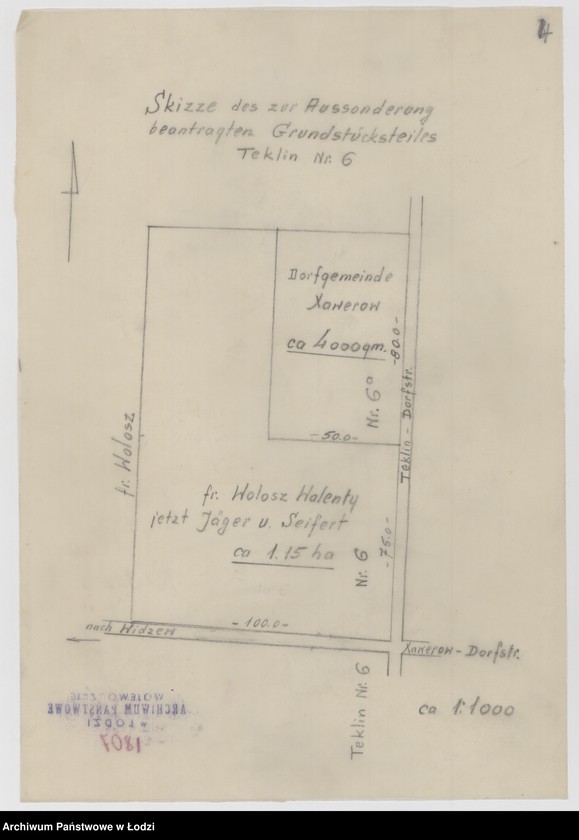 Obraz 1 z jednostki "Skizze des zur Aussonderung beantragten Grundstücksteiles Teklin Nummer 6"