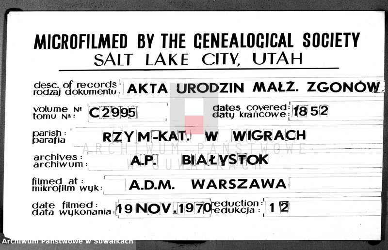 image.from.unit.number "Duplikat akt urodzonych, zaślubionych i umarłych parafii Wigry z roku 1852"