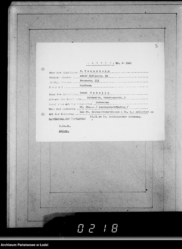 Obraz 7 z jednostki "J 1801-1820 [Wnioski Żydów z Getta o zwrot należności za towar wzięty na kredyt]"