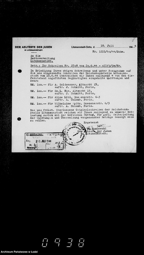 Obraz 9 z jednostki "Korrespondenz mit dem Ältesten der Juden"