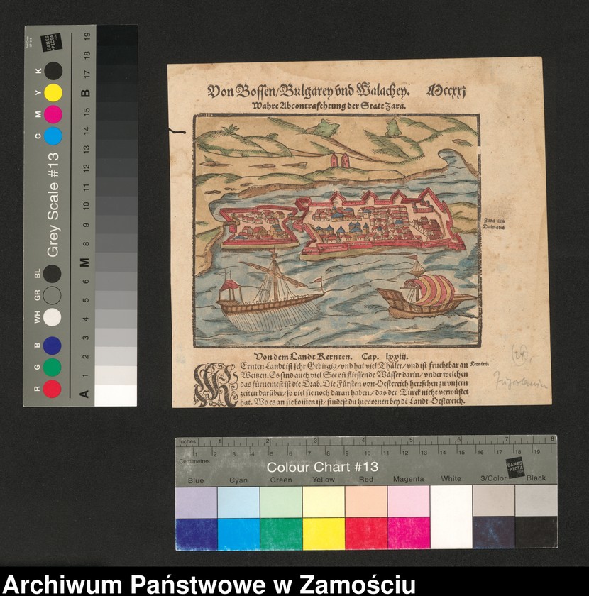 image.from.unit.number "Rzut aksonometryczny miasta Zadar w Dalmacji (obecnie Chorwacja). Drzeworyt kolorowany liniowo i powierzchniowo"