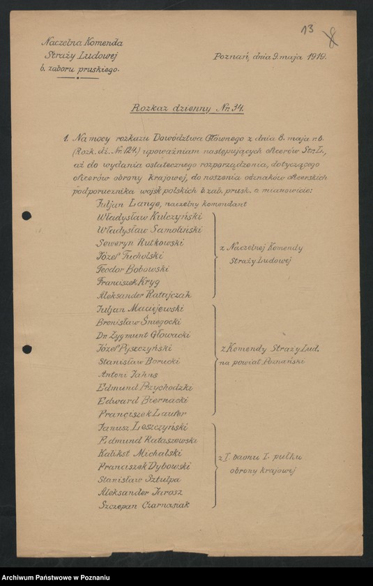 Obraz 15 z jednostki "/Rozkazy dzienne Straży Ludowej byłego Zaboru Pruskiego, przemianowanej następnie na wojsko "Obrony Kraju"/."
