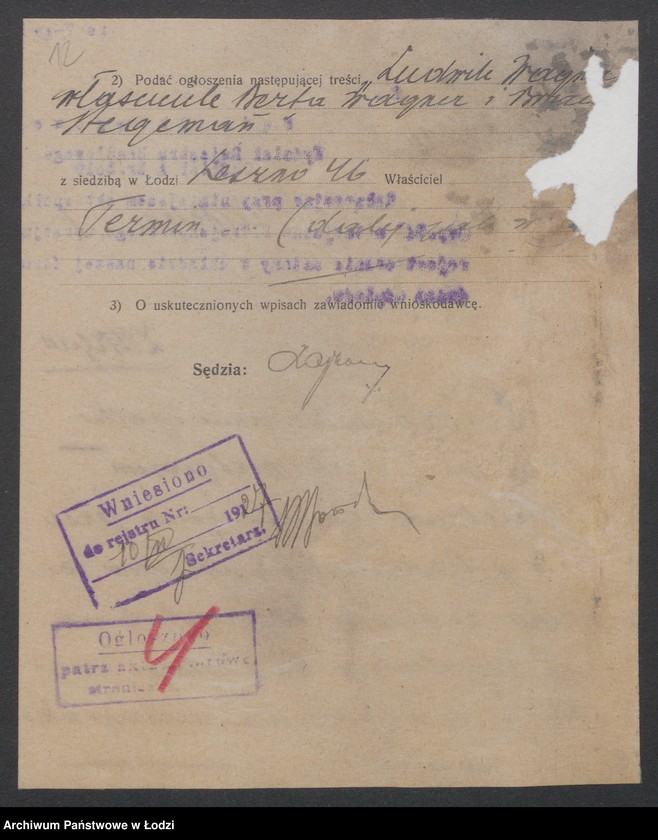 Obraz 14 z jednostki "Ludwik Wagner- właściciele Berta Wagner i Bracia Stegeman- prowadzenie farbiarni i wykończalni"