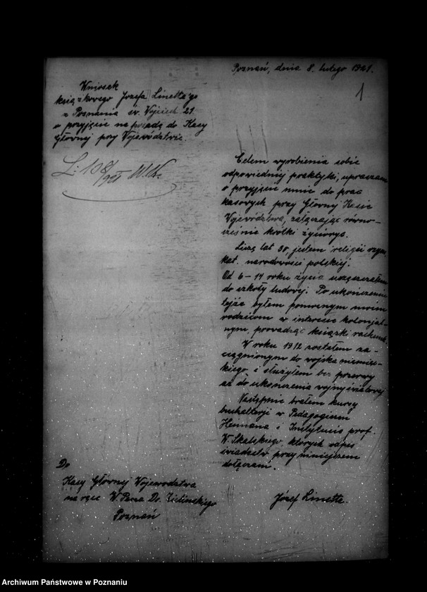 Obraz 5 z jednostki "/Podania o pracę Józef Linette /w Kasie Głównej Województwa/ Edward Nowak /w Kasie Skarbowej w Środzie/"