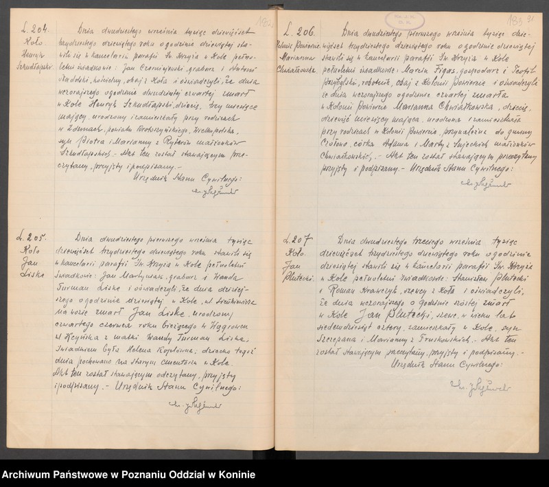 Obraz 8 z kolekcji "Akta zgonów zabitych i zmarłych ofiar bombardowania w Kole w dniu 2 września 1939 r.111"