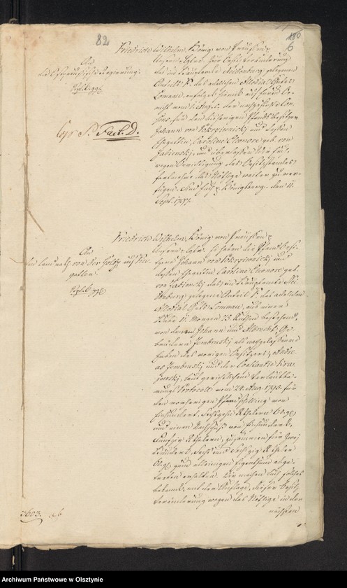image.from.unit.number "In S. [Sache] der Pfandsbesitzern Johann v. [von] Pokrzywnicki und deßen Ehegathin Caroline Eleonore geboren von Zabienski wegen des zum alleinigen Eigenthum an sie abgetretenen Antheils F im adl. [adeliche] Allodial Gut Lomnau [Łomno] Haupt Amts Neidenburg [Nidzica] bestehend aus 1 Hube 11 Morgen 15 R. [Rute]"