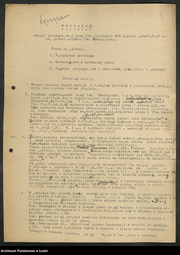 Obraz 10 z jednostki "Sprawozdania [z działalności, protokoły posiedzeń] sekcji propagandy komitetów powiatowych i komitetów miejskich"