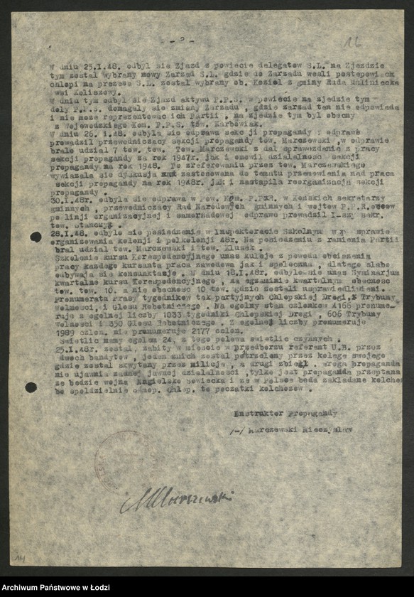 Obraz 17 z jednostki "Sprawozdania miesięczne instruktorów propagandy komitetów powiatowych i komitetów miejskich [z załącznikami za 1948 rok]"