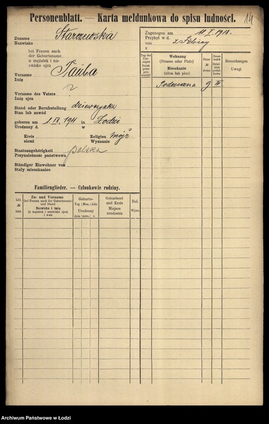 Obraz 16 z jednostki "[Spis ludności Łodzi] Starczewska-Stasiak"