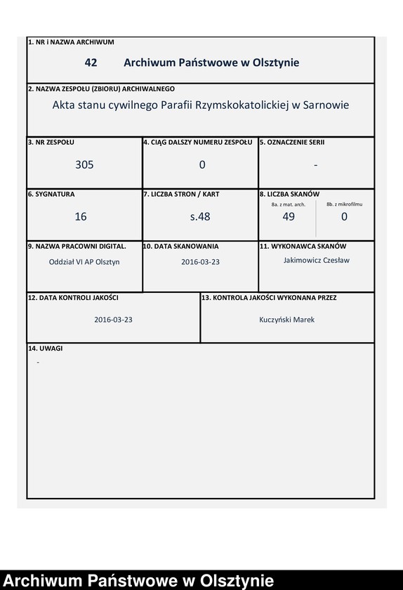 image.from.unit.number "Akta Urodzonych Zmarłych Zaślubionych w parafii Sarnowskiey w roku 1832"