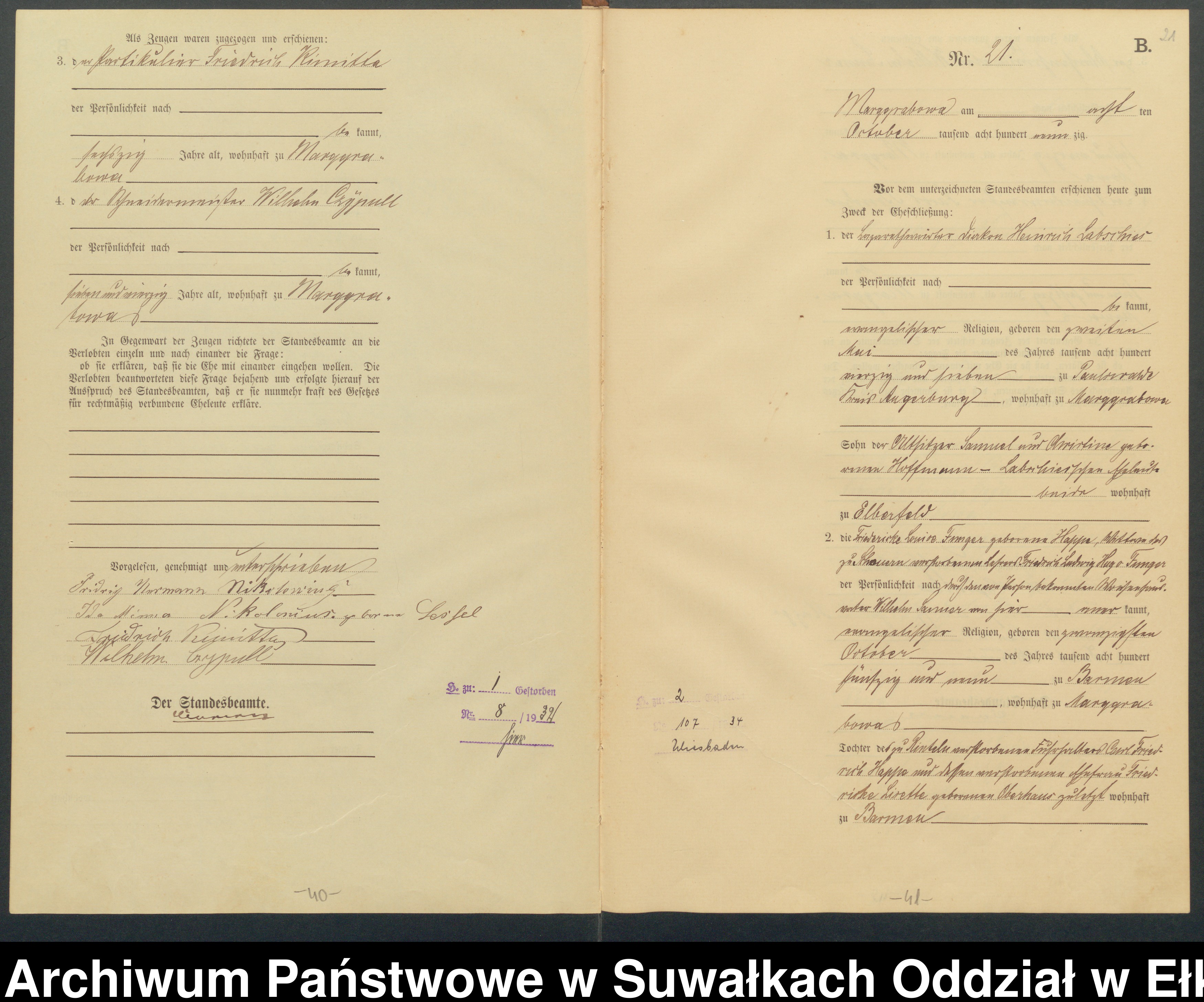 Skan z jednostki: Heiraths-Haupt-Register des Königlichen Preussischen Standes-Amtes Stadtgemeinde Marggrabowa Kreis Oletzko