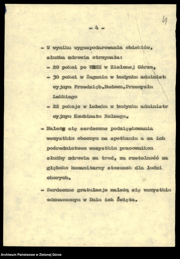 Obraz 6 z jednostki "Zdrowie. Przemówienia pracowników wydziału z okazji. Dnia pracownika służby zdrowia w latach 1982-1988, rocznic Wojewódzkiej Stacji Krwiodawstwa w 1978,1986; Sanepidu 1979, Sanatorium w Torzymiu w 1980, PKPS w 1984"
