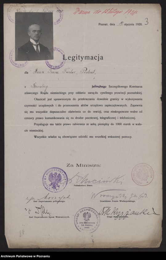 Obraz 5 z jednostki "[Egzemplarz legitymacji wydanych przez polskie władze komisarzom niemieckim dla oddania zarządu cywilnego prowincji poznańskiej]"