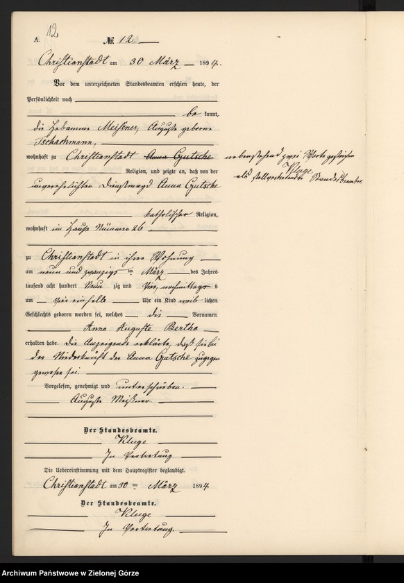 image.from.unit.number "Geburts-Neben-Register im Standes-Amt Christianstadt Kreis Sorau 1894"