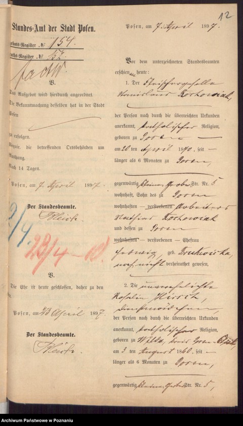 Obraz 14 z jednostki "Die von den Verlobten beigebrachten Urkunden zur Eheschliessung pro 1897"