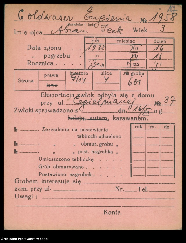 Obraz 18 z jednostki "Kartoteka osób pochowanych na cmentarzu żydowskim przy ulicy Brackiej w latach 1892-1959. Nazwiska na litery: Goldw-Gö"