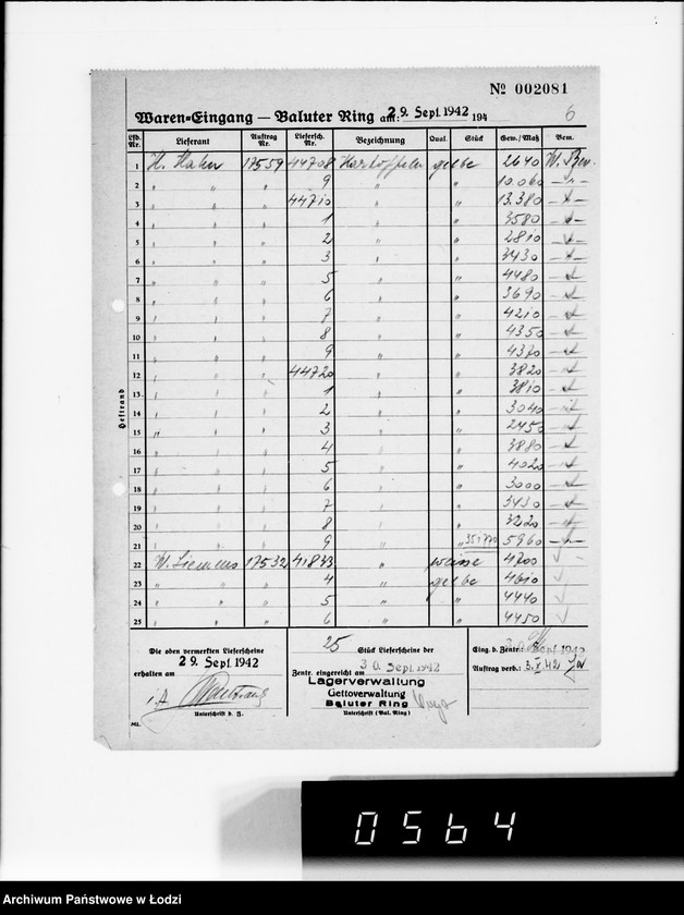 Obraz 10 z jednostki "[Dzienne zestawienia produktów żywnościowych i innych dostarczanych do składów Getta na Bałuckim Rynku]"