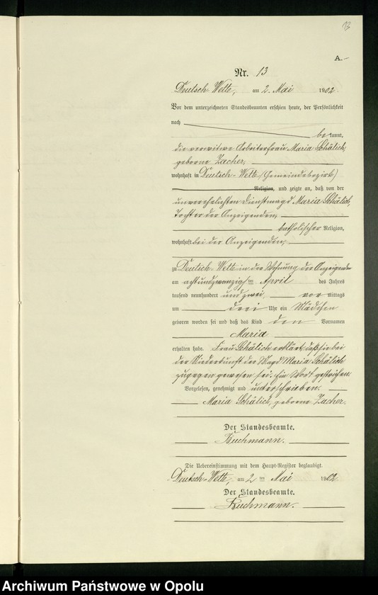 Obraz 17 z jednostki "Geburts-Neben-Register des Standesamts Deutsch Wette pro 1902"