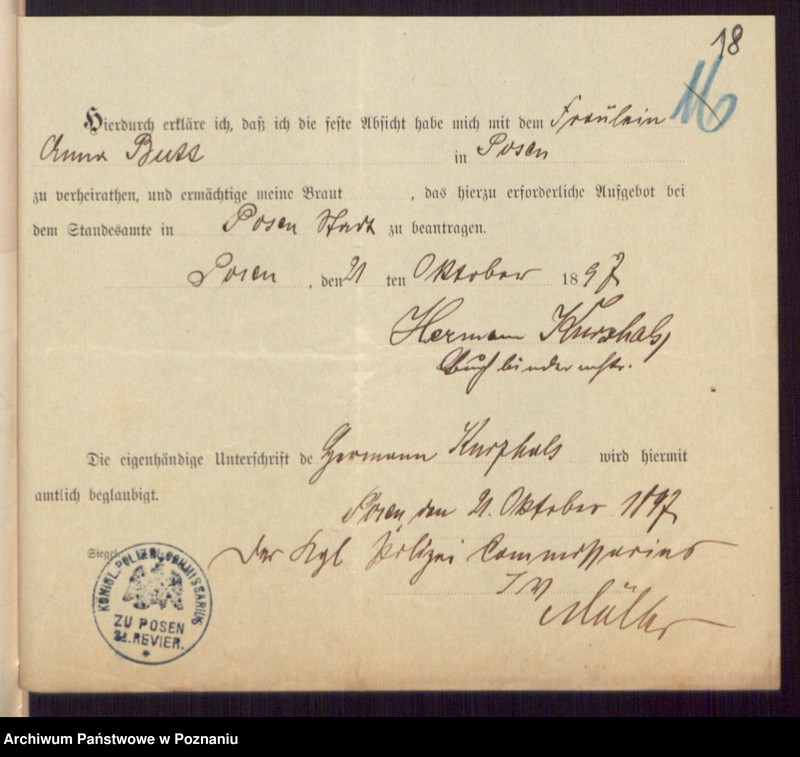 Obraz 20 z jednostki "Die von den Verlobten beigebrachten Urkunden zur Eheschliessung pro 1898"