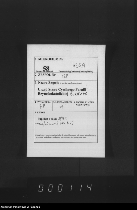 Obraz 2 z jednostki "Księga urodzeń, małżeństw i zgonów 1896 Bukówno"