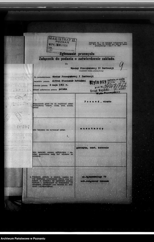 Obraz 13 z jednostki "Zatwierdzenie zakładu przemysłowego /Fabryki musztardy/ St. Robińskiego w Poznaniu"