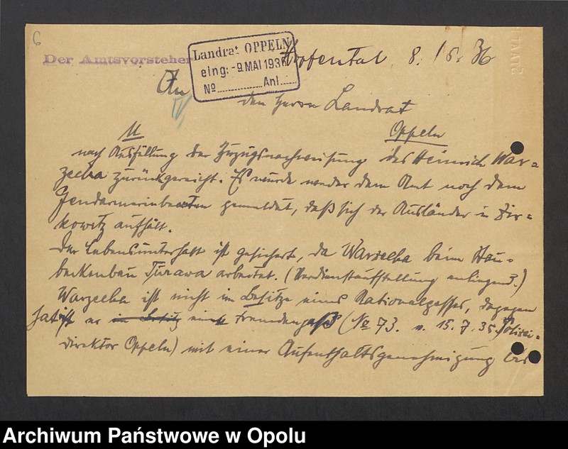 Obraz 8 z jednostki "[Zezwolenie na pobyt - Heinrich Warzecha, ur. 13. 07. 1906 Kudoba pow. oleski]"